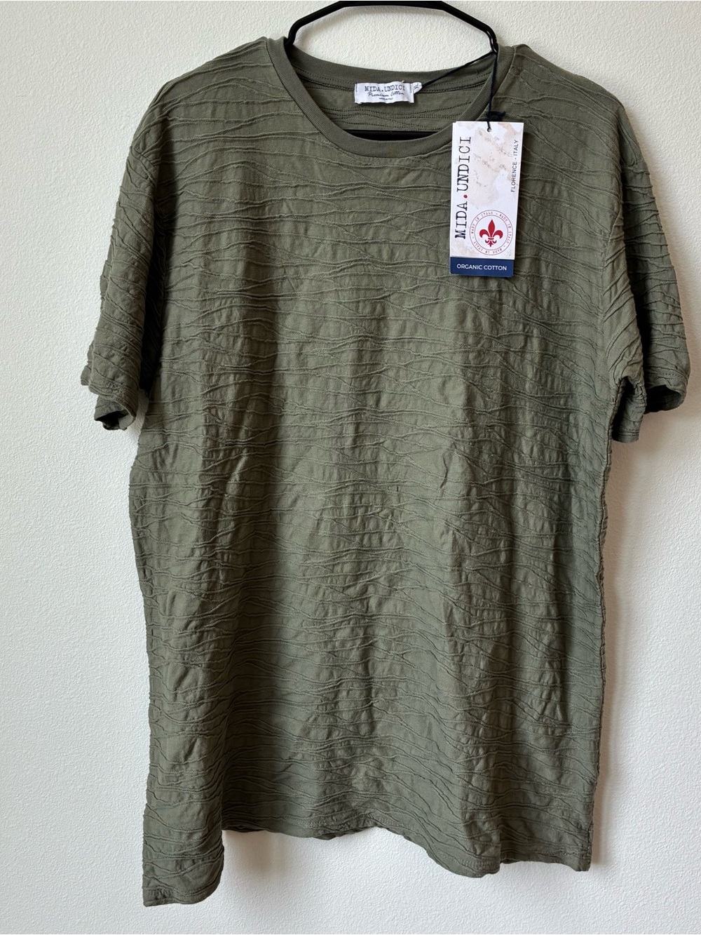MIDA UNDICI Men’s XL Olive Green Textured Organic Cotton T-Shirt NWT